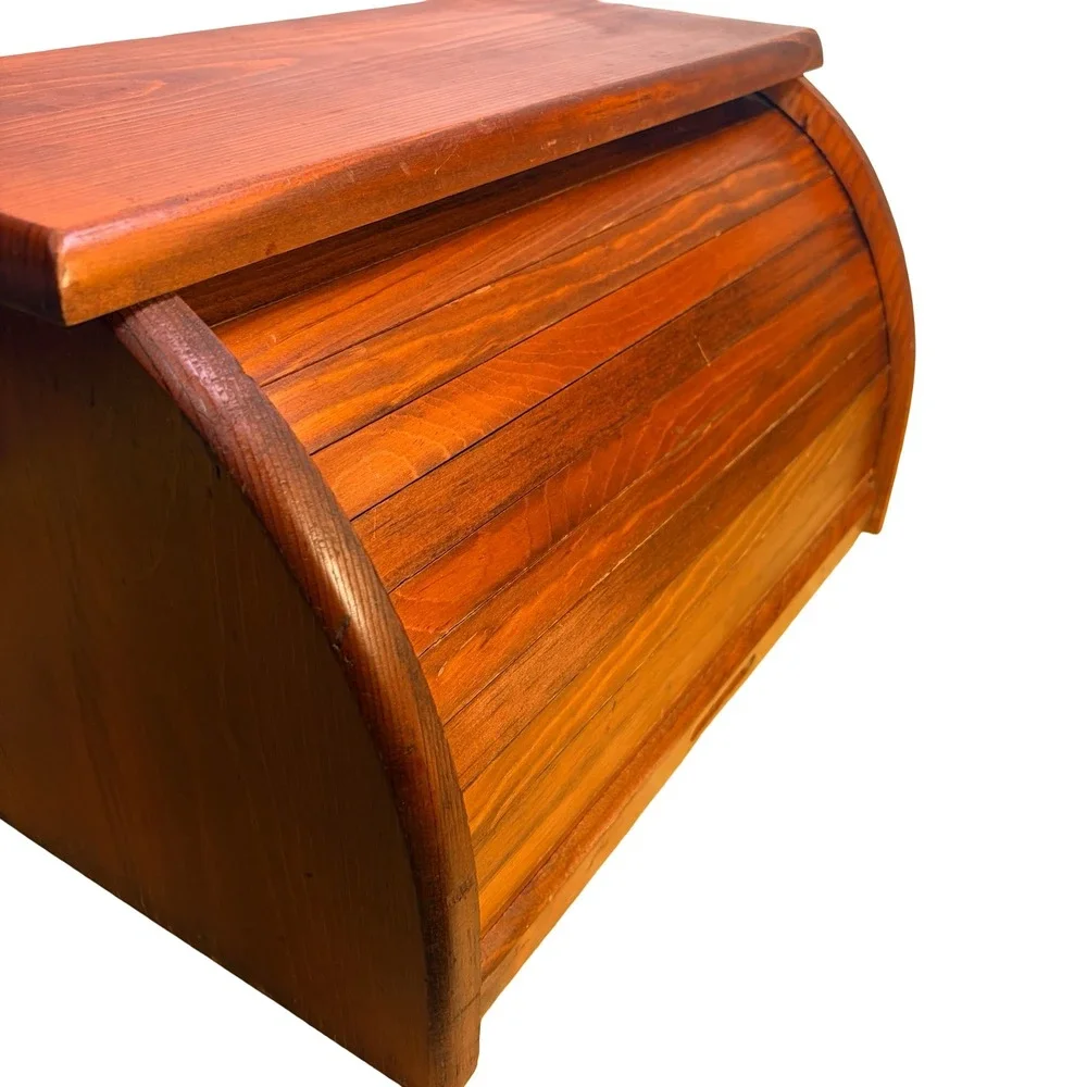 Vintage Wooden Roll Top Bread Box Kitchen Counter Storage Farmhouse Brown MCM